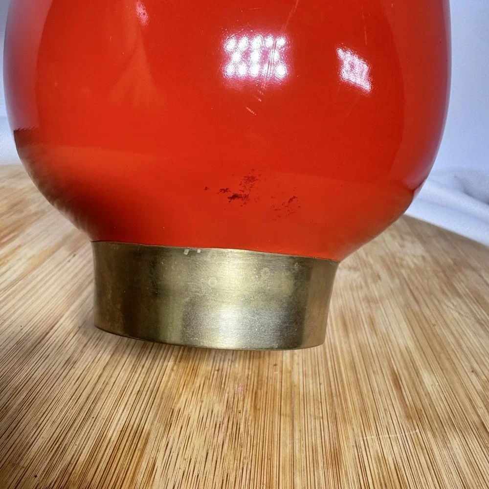 Vintage 1978 Korean Red Lacquerware Vase Asian Decor Gold Figure Brass Footed